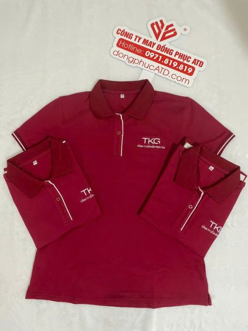 Áo thun đồng phục Công Ty Cổ Phần TMDV TKG – Màu đỏ đô phối viền trắng - Miễn phí thiết kế, làm mẫu và in thêu logo theo yêu cầu